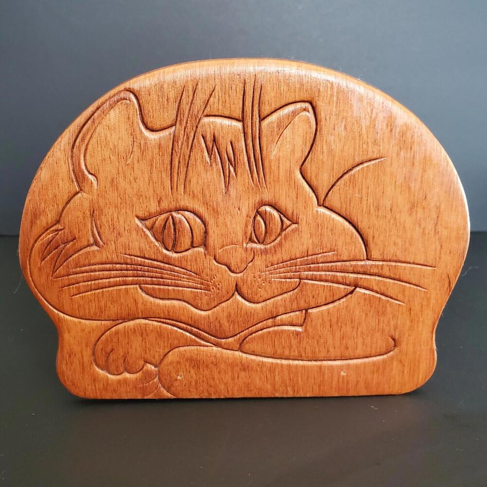Vintage Wood Carved CAT Napkin Letter Holder Retro Wooden 4.5" T x 6" W EUC
